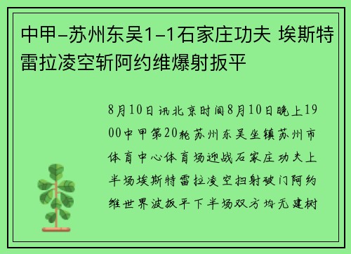 中甲-苏州东吴1-1石家庄功夫 埃斯特雷拉凌空斩阿约维爆射扳平