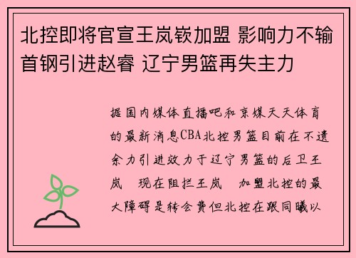 北控即将官宣王岚嵚加盟 影响力不输首钢引进赵睿 辽宁男篮再失主力