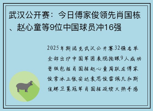 武汉公开赛：今日傅家俊领先肖国栋、赵心童等9位中国球员冲16强